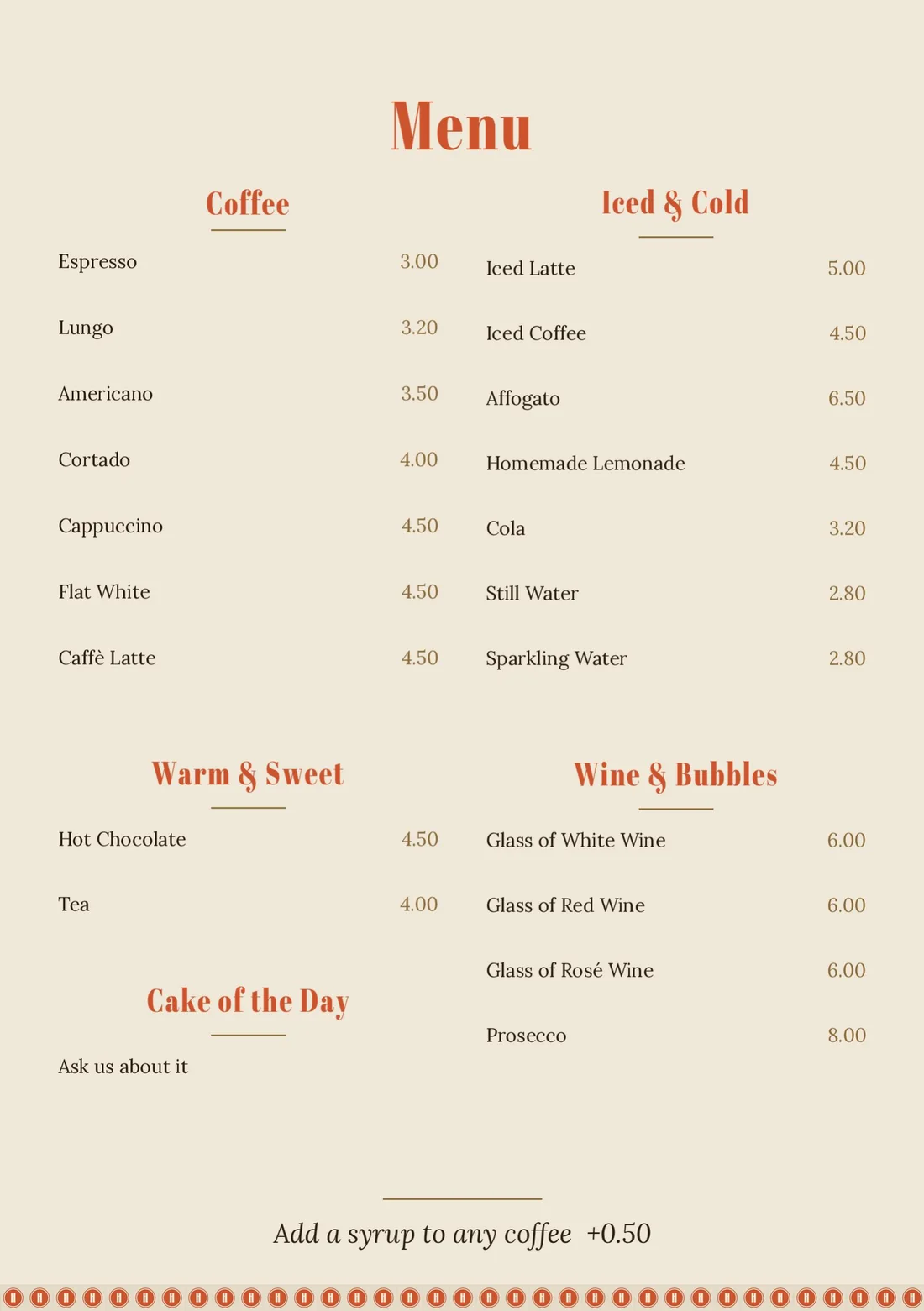 De menukaart van HOORENS Koffie Bar met koffie, iced and cold, warm and sweet, cake of the day en wine and bubbles
