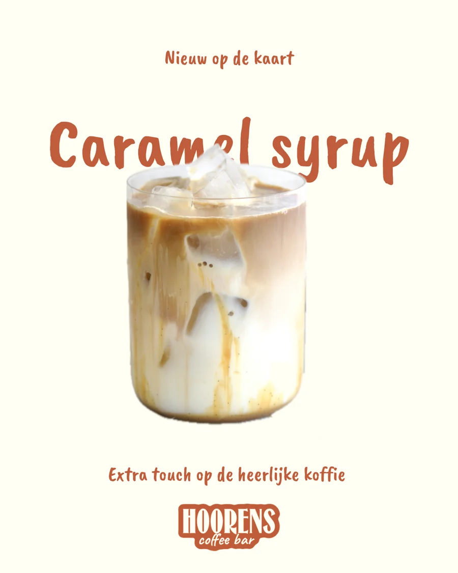 Aankondiging van de caramel syrup: een iced coffee met caramel